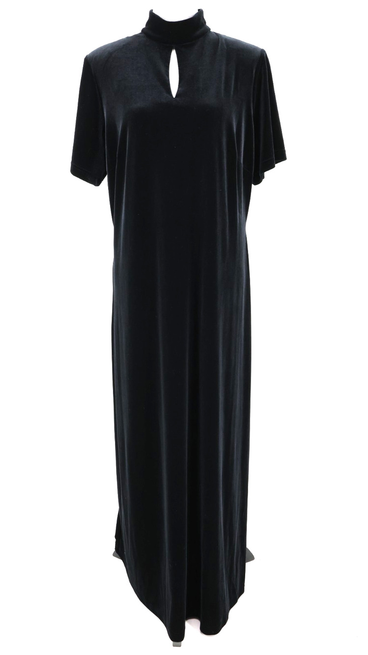Ronni Nicole Dress Womens 16 Black Gown Stretch Velour Mock Neck Buttons Maxi